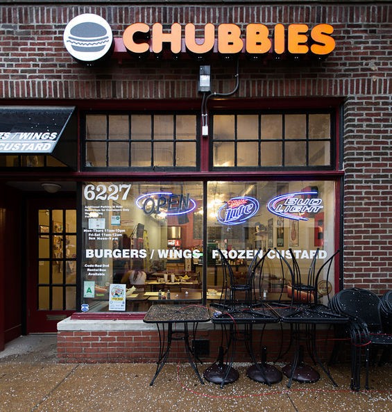 Chubbie's facade, 6227 Delmar Boulevard. "Just read the words printed across the windows burgers, wings, frozen custard and envision the hordes of hungry students walking back from campus to their new Wash. U. digs." -- Ian Froeb - Jennifer Silverberg