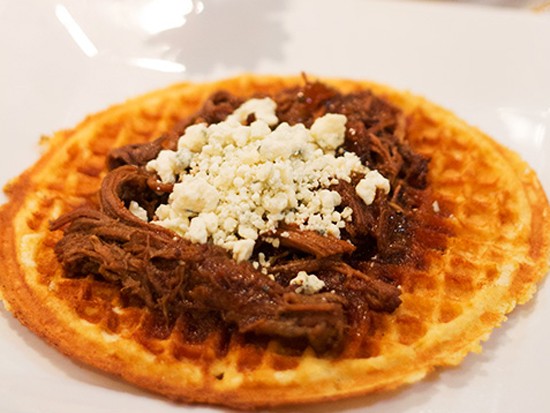 A "Blue Ox" cornmeal waffle with caramelized onions, slow cooked brisket, - Mabel Suen