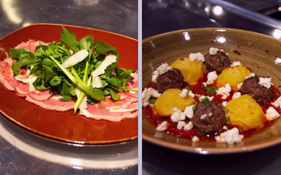 Beef Rib Eye Carpaccio with mead, chile oil, cress and pecorino (left) and baked lamb meatballs with polenta, tomato and goat cheese (right) at Basso. - Liz Miller