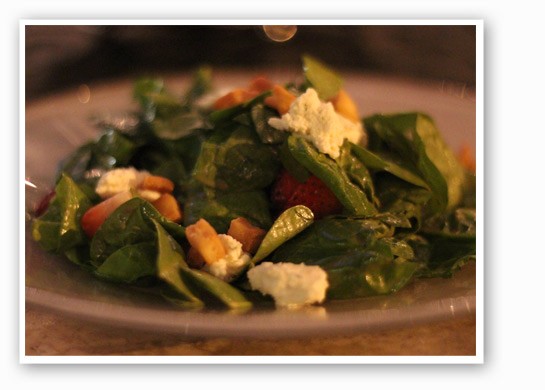 &nbsp;&nbsp;&nbsp;&nbsp;&nbsp;&nbsp;&nbsp;Baby spinach salad with strawberries, boursin, aged balsamic and crunchy pita. | Nancy Stiles
