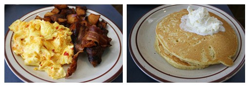 "Jonathan's Famous Fiery Scramble comes with eggs, your choice of breakfast meat, home fries and, if you ask nicely, you can substitute your toast for cornmeal pancakes.