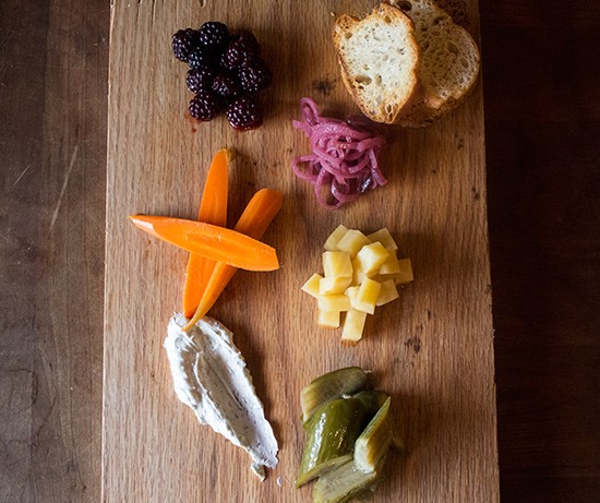 "Pickle Board" with crostini, dill creme fraiche, and pickled cucumber, yellow beets, red onion, carrots and blackberries. | Photos by Mabel Suen