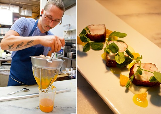 (Left) Chef de cuisine Dale Beauchamp prepares carrot puree cooked sous vide in carrot juice with ginger and green cardamom. (Right) A seared walleye dish. - Mabel Suen