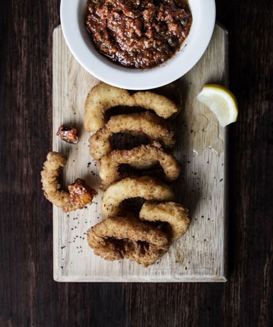 Fried calamari with puttanesca dipping sauce. | Jennifer Silverberg