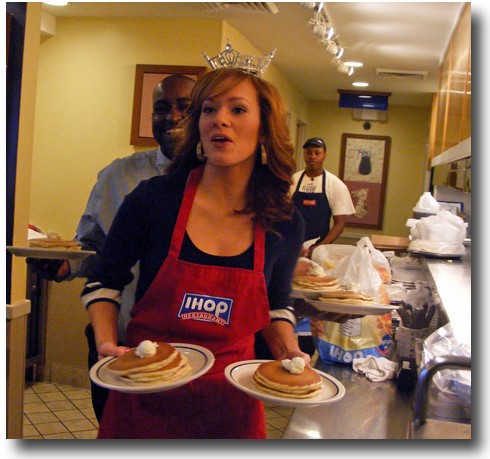 Erika Hebron, Miss Missouri 2010, makes it snappy with the griddle cakes at IHOP bright and early this a.m. - Katie Moulton