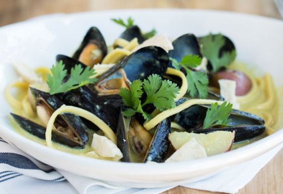 The Libertine's mussels with lo mein noodles, squid cracklins and coconut milk laksa. | Jennifer Silverberg