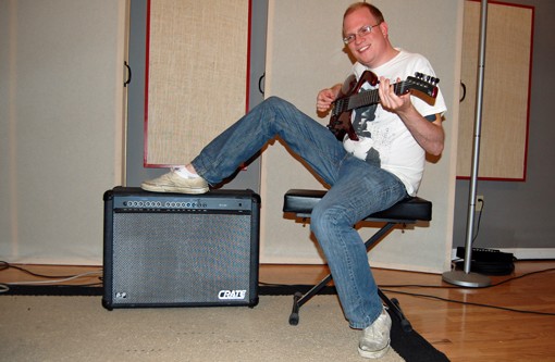 Zimmerman playing the best guitar, and the worst amplifier, available for artist use at Firebrand Recordings.