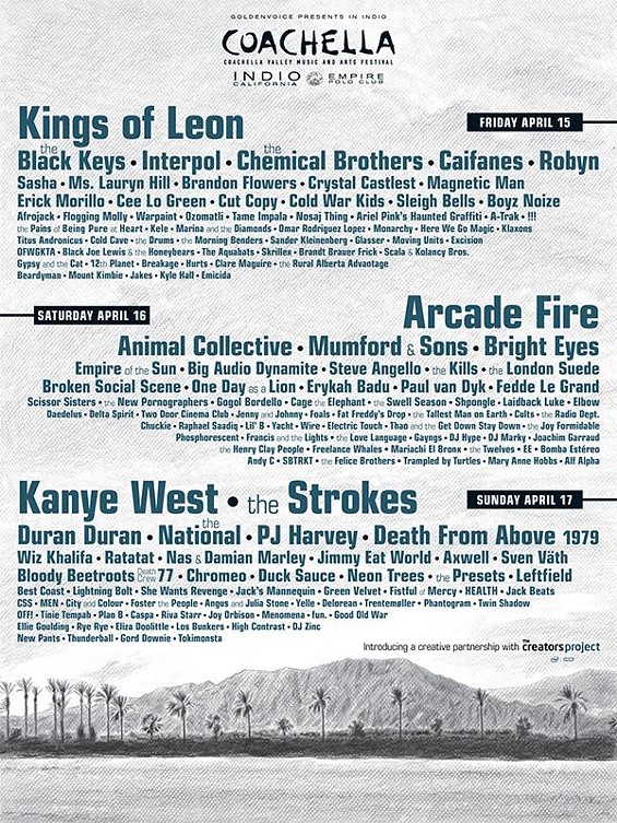 Coachella 2011 Lineup: Kanye West, Arcade Fire, Kings of Leon, The Strokes