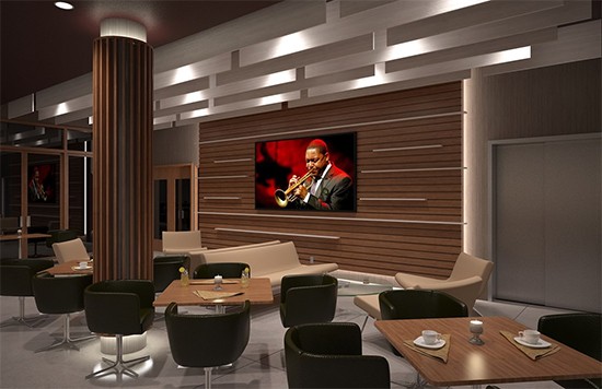 A video wall in the jazz lounge. - The Lawrence Group