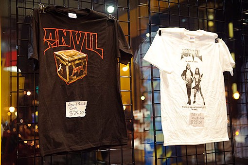 Anvil merch last night, in Suite 100, adjacent to the Pageant. See the full slideshow from last night here. - Photo: Todd Owyoung