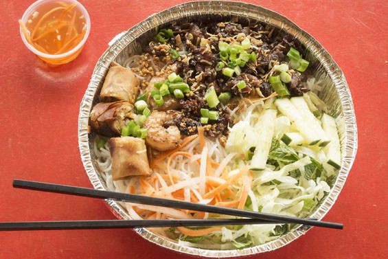 Combination vermicelli bowl with grilled pork, grilled shrimp and egg rolls. - Mabel Suen