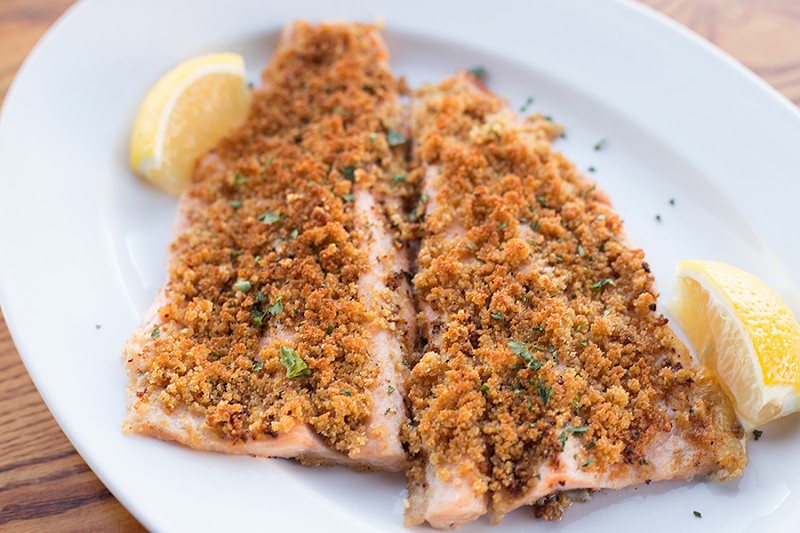 The broiled rainbow trout is topped with Lee St. breading: bread crumbs, Parmesan, garlic and parsley. - MABEL SUEN