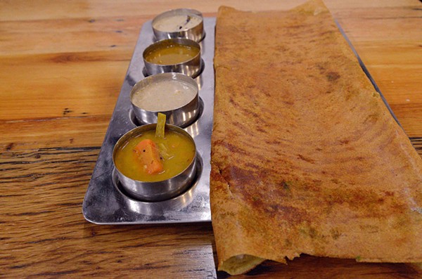 The dosa is a large pancake type batter made from rice flour and lentil. - Tom Hellauer