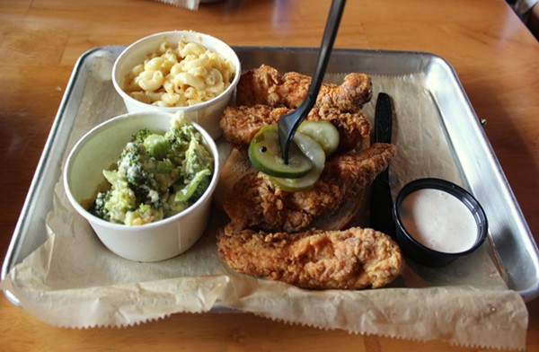 Broccoli casserole, macaroni and cheese casserole, chicken tenders and a side of ranch. - Photo by Lauren Milford