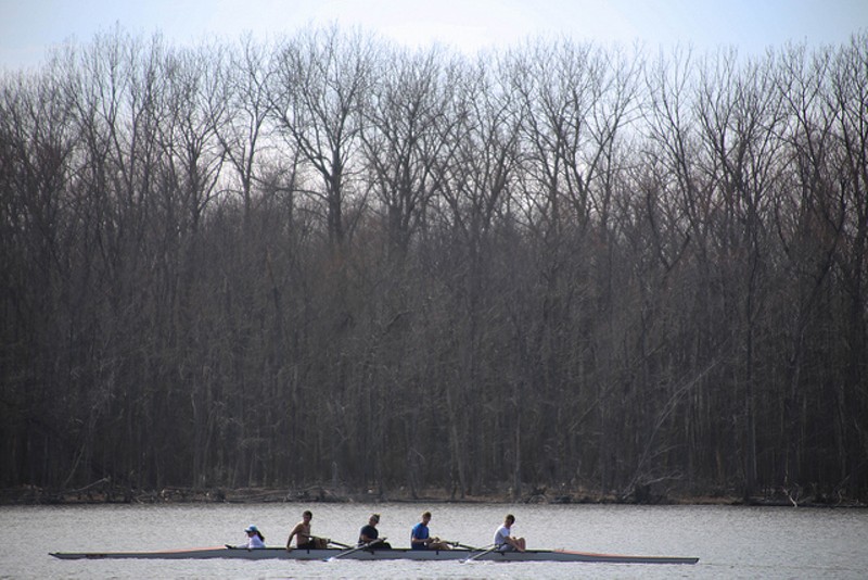 A rowing crew on Creve Coeur Lake. - Photo Courtesy of Flickr/Paul Sableman