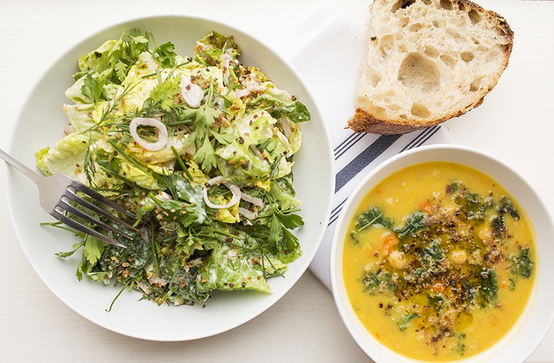 The "Little Gem" salad brings sourdough breadcrumbs, fine herbs and buttermilk dressing, while the kale and garbanzo soup is made with carrot, fennel and olive oil. - Mabel Suen