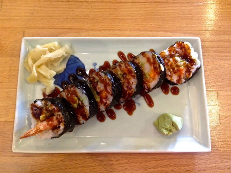 A shrimp tempura roll made with cucumber, avocado and eel sauce. - Emily Higginbotham