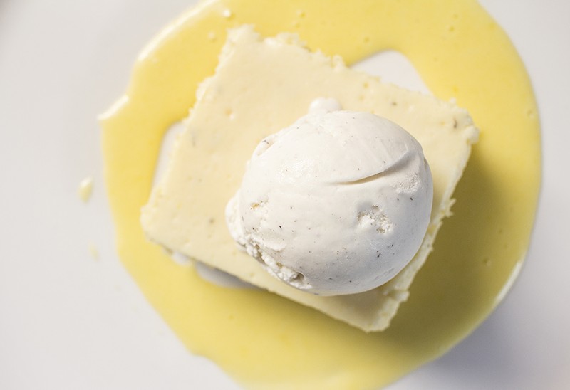 Lemon thyme gooey-butter cake with vanilla ice cream and lemon curd. - PHOTO BY MABEL SUEN