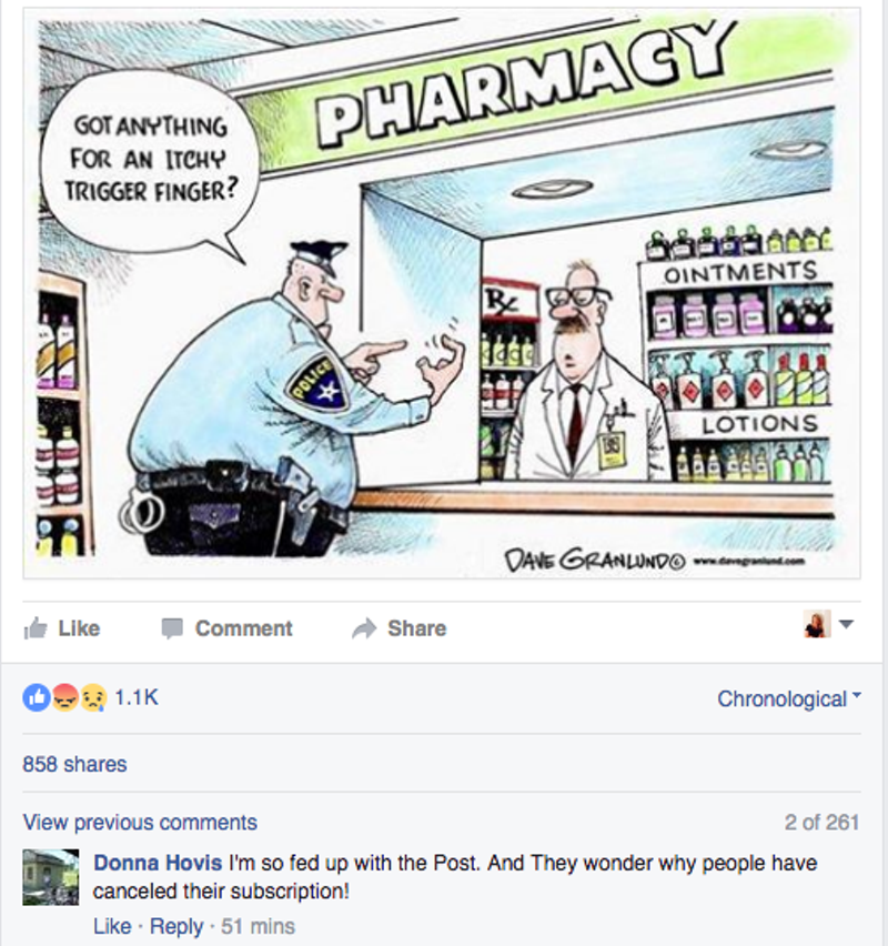 The Missouri FOP's excoriation of the cartoon was widely shared on Facebook.