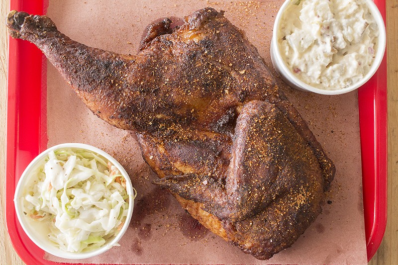 Smoked chicken with potato salad and slaw. - PHOTO BY MABEL SUEN