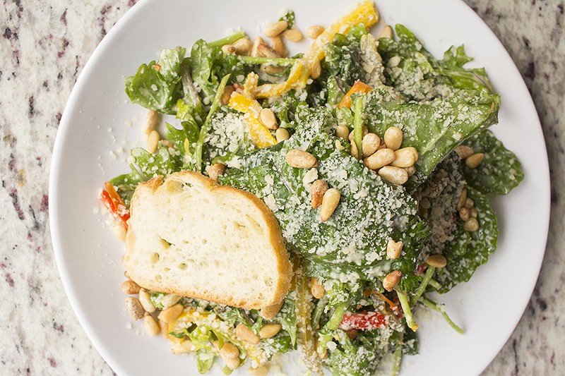 The baby kale salad with shaved parmesan, toasted pine nuts, roasted peppers and lemon-anchovy vinaigrette. - PHOTO BY MABEL SUEN