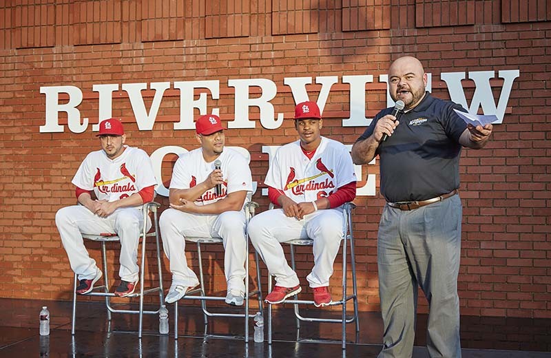 Announcer Polo Ascencio emcees a Q and A with Spanish-speaking Cardinals players (from left) Miguel Socolovich, Brayan Pena and Alex Reyes. - PHOTO BY STEVE TRUESDELL