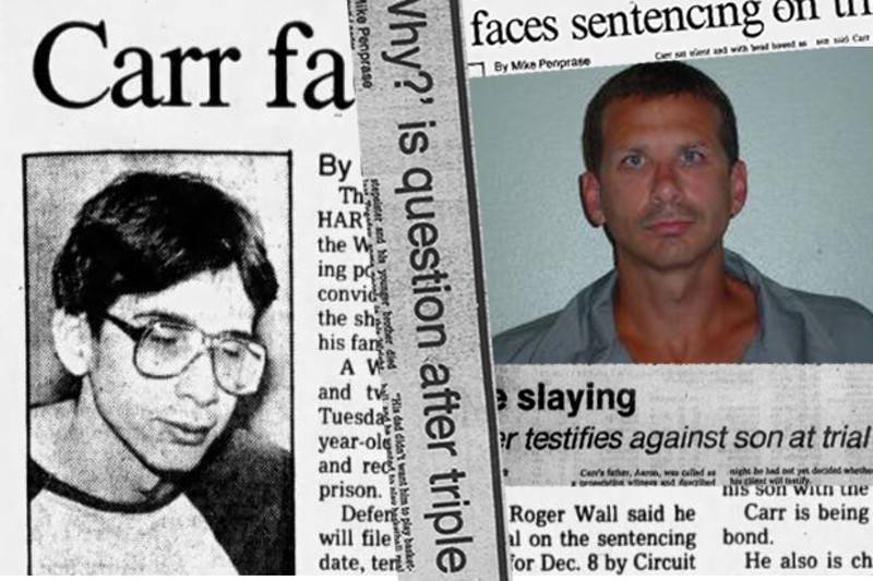 Jason Carr, pictured left in a 1983 news report, and right in a 2004 prison ID photo. - PHOTO ILLUSTRATION BY DANNY WICENTOWSKI