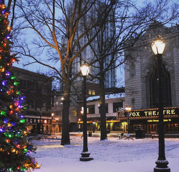 The Fabulous Fox is already beautiful. The snow (and the Christmas tree) are just a bonus. - Photo courtesy of Instagram / foxtheatrestl.