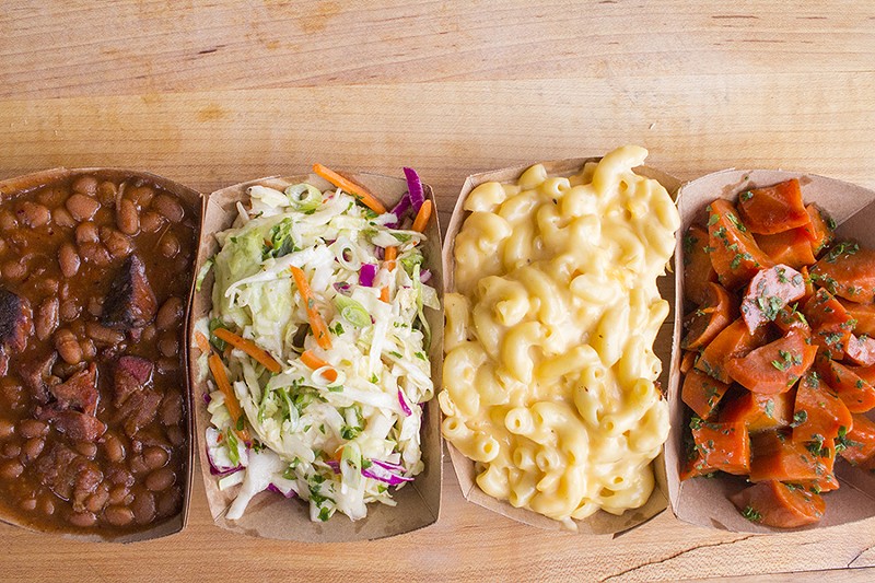 Sides include pit beans, slaw, mac and cheese and seasonal vegetables. - PHOTO BY MABEL SUEN