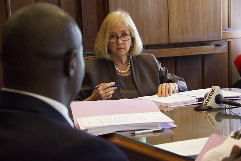 Mayor Lyda Krewson listens to Board President Lewis Reed during Tuesday's meeting of the Board of Estimate and Apportionment . - DANNY WICENTOWSKI