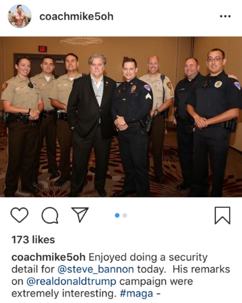 Ex-cop Mike Weston's social media posts often featured his days in law enforcement, including this security detail for Steve Bannon. - INSTAGRAM