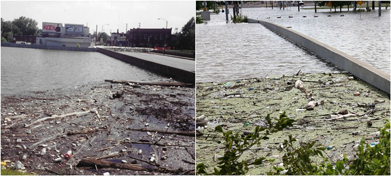 Left: A photo of the flooded Alabama Avenue Bridge that Mike Byrn took in 1993. Right: The Alabama Avenue Bridge on June 5. - MIKE BYRNE/DANNY WICENTOWSKI