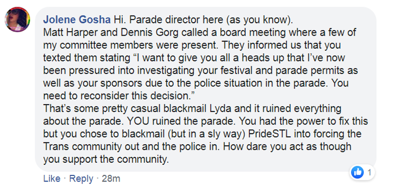 A Facebook comment Jolene Gosha posted on Mayor Krewson's page. - FACEBOOK