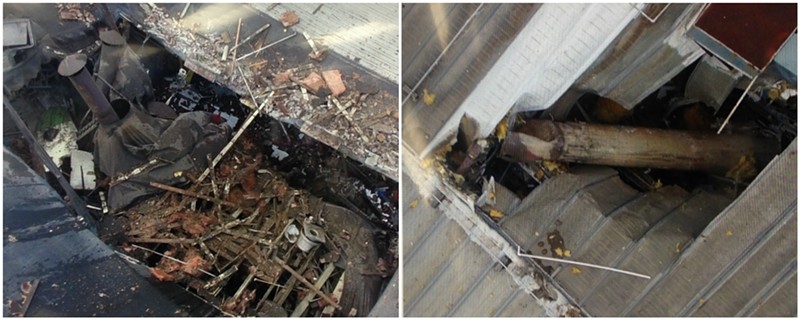 A piece of an industrial boiler shot out of the roof of Loy-Lange Box Co. (L) and crashed through the roof of Faultless Healthcare Linen (R) on April 3, 2017. - Images via St. Louis Fire Department