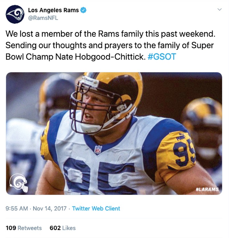 The Rams tweeted condolences to Nathan Hobgood-Chittick’s family after his death.