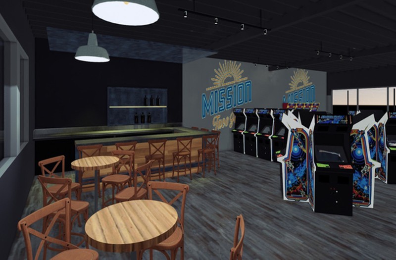 A rendering of the arcade and bar at Mission Taco Joint in Kirkwood, set to debut in early 2020. - Courtesy Mission Taco Joint