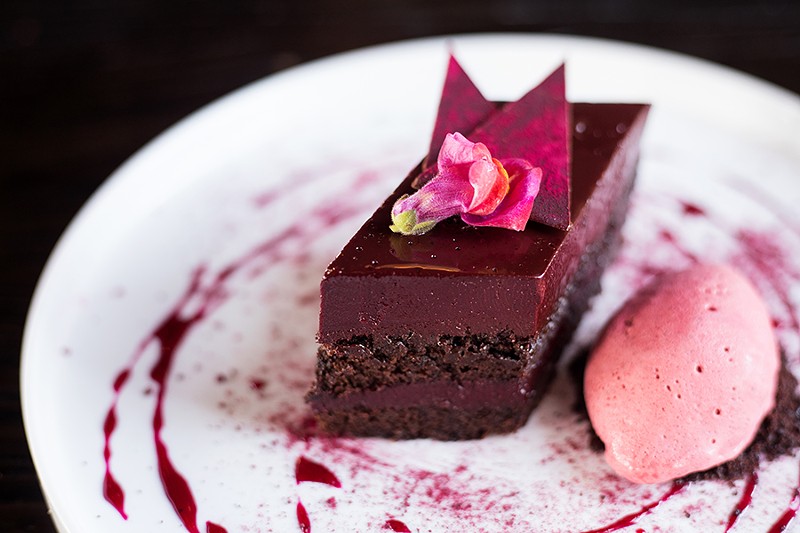 A highlight from the dessert menu is the chocolate-beet cake with beet custard, beet ganache and ginger-beet ice cream. - MABEL SUEN