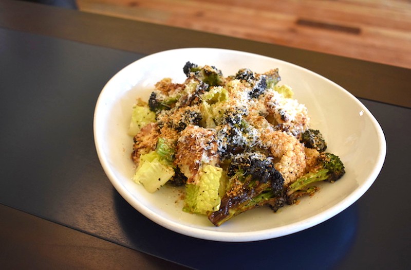Vegetable Caesar with roasted broccoli, cauliflower, romaine, anchovy vinaigrette, breadcrumbs and grana padano cheese. - Liz Miller
