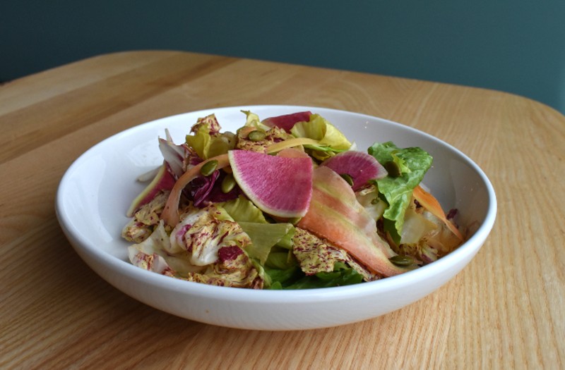 Chicories salad with shaved vegetables, creamy red wine vinaigrette and toasted pumpkin seeds. - LIZ MILLER