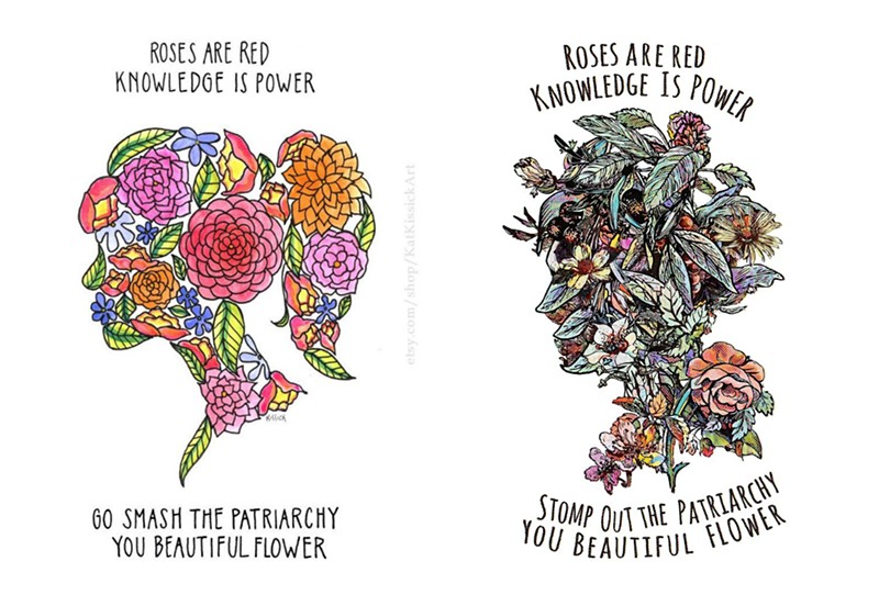 Kat Kissick's original illustration on the left, with Karl Frey's on the right. - PHOTO ILLUSTRATION BY DANNY WICENTOWSKI