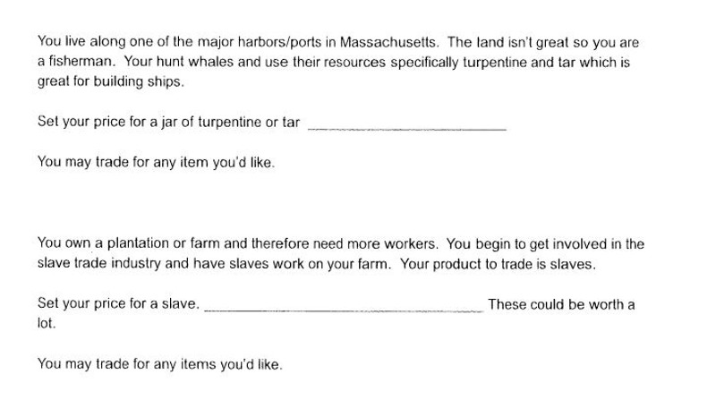 Students were asked to price and trade colonial-era commodities, including slaves. - MEHLVILLE SCHOOL DISTRICT