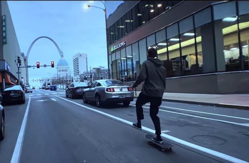 Tyler Peterson skates through St. Louis in this still from the video "Never Stop Pushing. - Screengrab via YouTube
