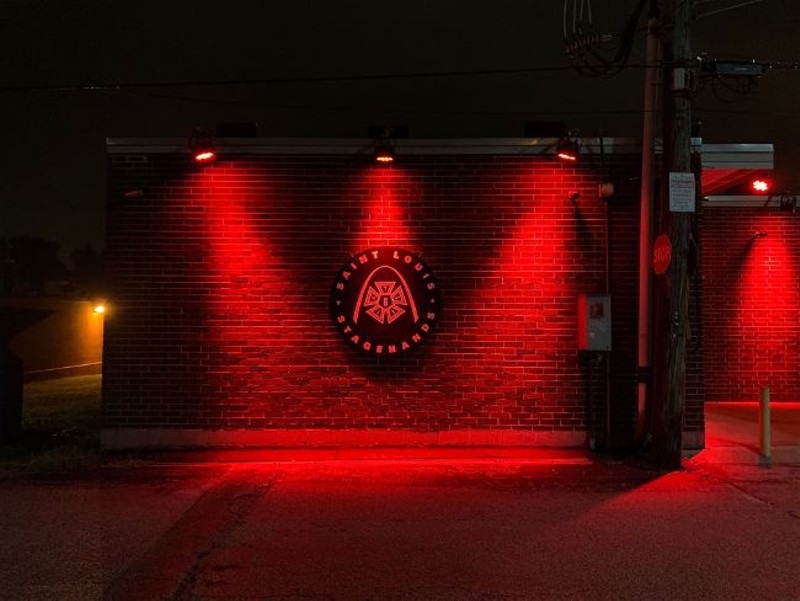 The Local 6 St. Louis Stagehands union headquarters, lit up in red as well. - MICHAEL BECKMAN