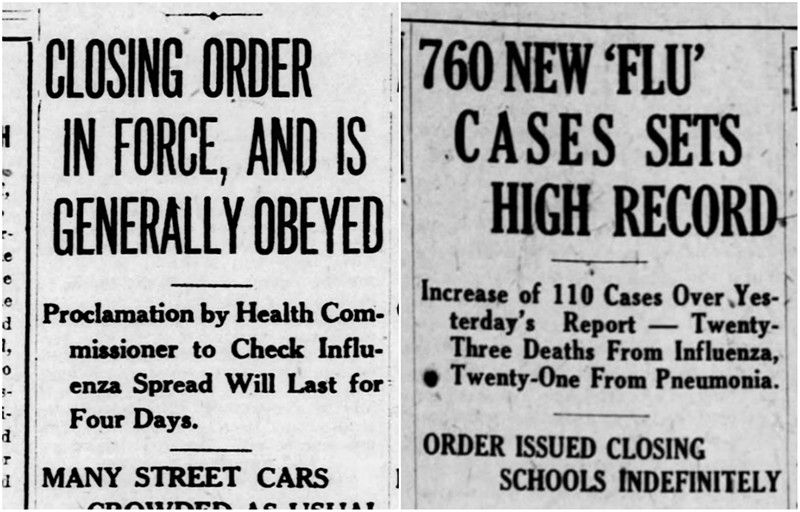 Two 1918 headlines report a four-day shutdown order issued November 9 (left) and followed on November 28 (right) by a Thanksgiving-day spike of 760 cases. - MISSOURI HISTORY MUSEUM/NEWSPAPERS.COM
