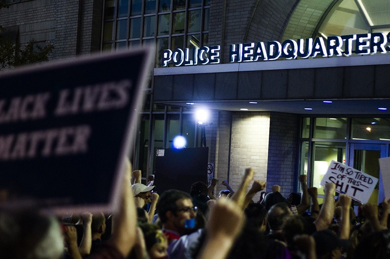 Protesters gather outside St. Louis police headquarters in 2017. - DANNY WICENTOWSKI