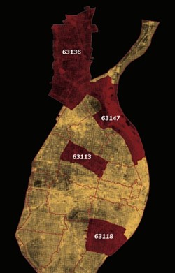 A map of St. Louis region's deadliest zip codes for police shootings. - ARCHCITY DEFENDERS