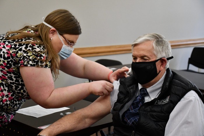Gov. Mike Parson receives his second dose of the Pfizer vaccine at the Cole County Health Department on March 3, 2021. - COURTESY MISSOURI GOVERNOR'S OFFICE