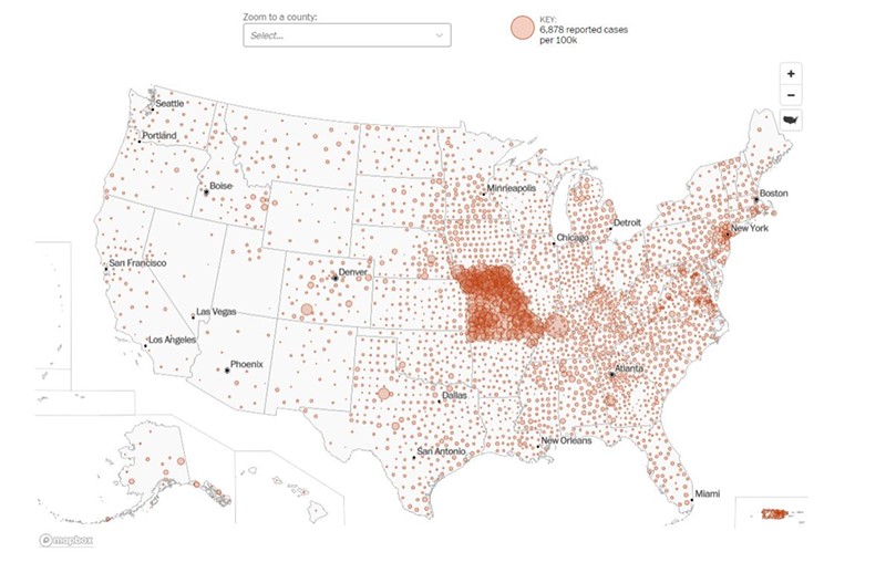 A COVID-19 case map from the Washington Post reflects a dump of misdated Missouri data. - SCREENSHOT VIA WASHINGTON POST
