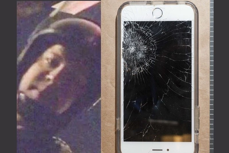 (Left) The face of a St. Louis officer in riot gear, identified by prosecutors as Christopher Myers, in a video shot by Luther Hall. (Right) Luther Hall's smashed phone. - U.S. ATTORNEY/COURT EXHIBIT