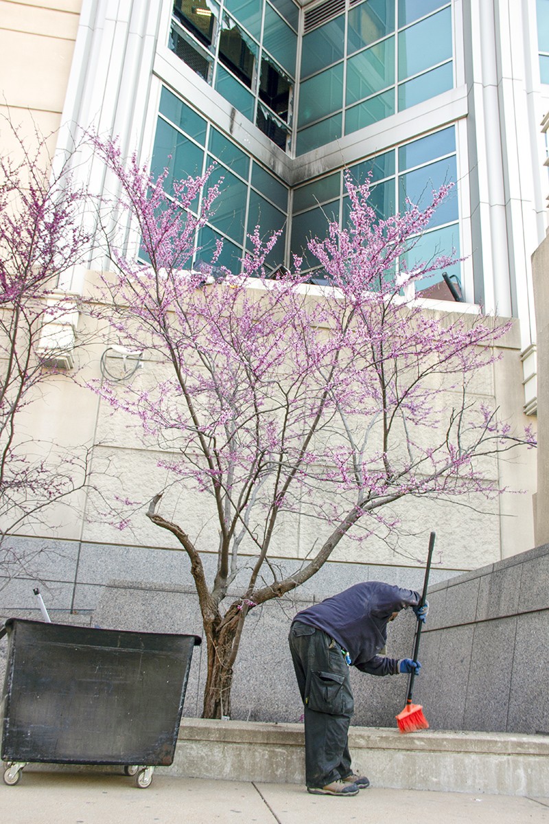 A city worker sweeps up glass from the sidewalk beneath the city Justice Center. - DANNY WICENTOWSKI